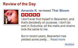 Cropped screenshot of Yelp homepage for Portland featuring a 5 star review of Thai Bloom! by Amanda K